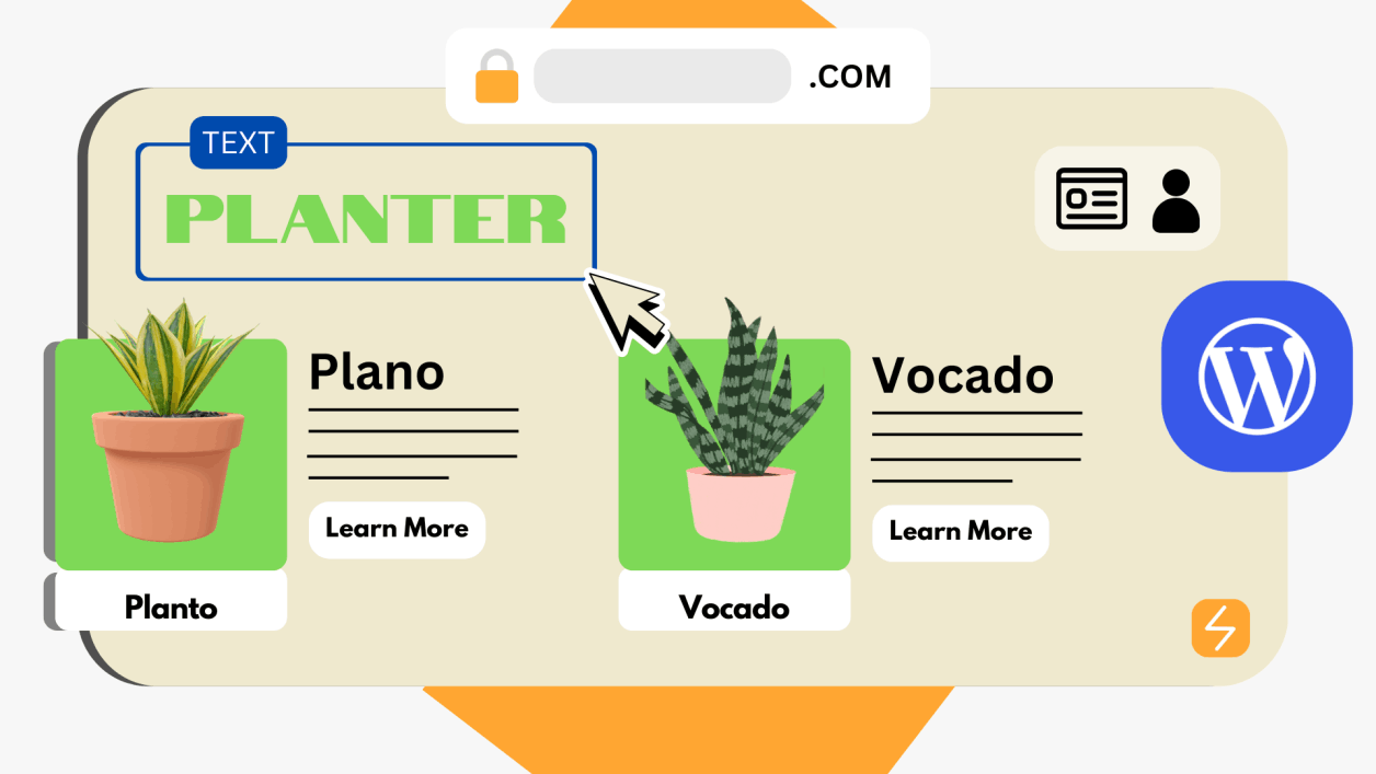 WordPress website builder demo showing domain selection and design preview with plant themes