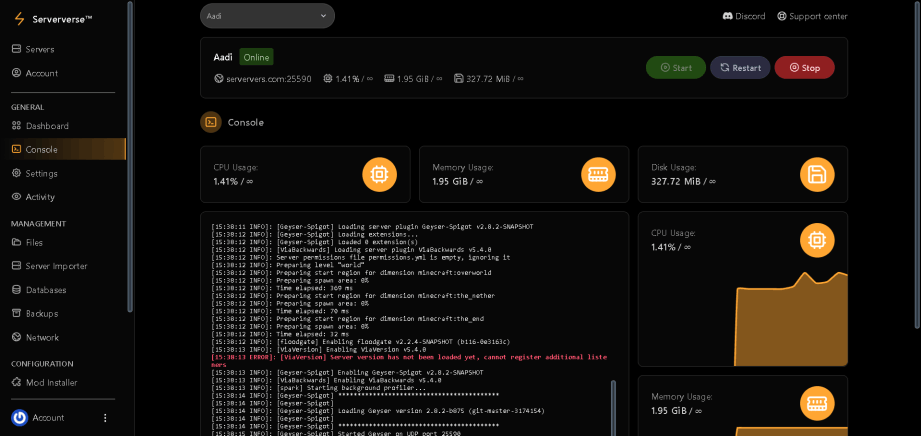 Serververse Console panel